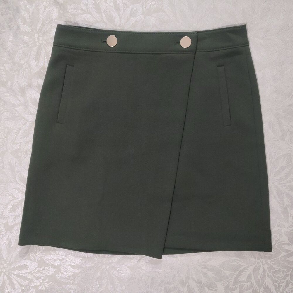 LOFT Women 6 Skirt Faux Wrap Mini Olive Green Gold Buttons Pocket A-Line Work